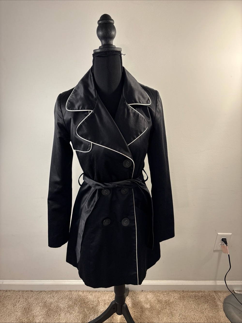 Wet Seal Black Trench Coat with White Piping 723